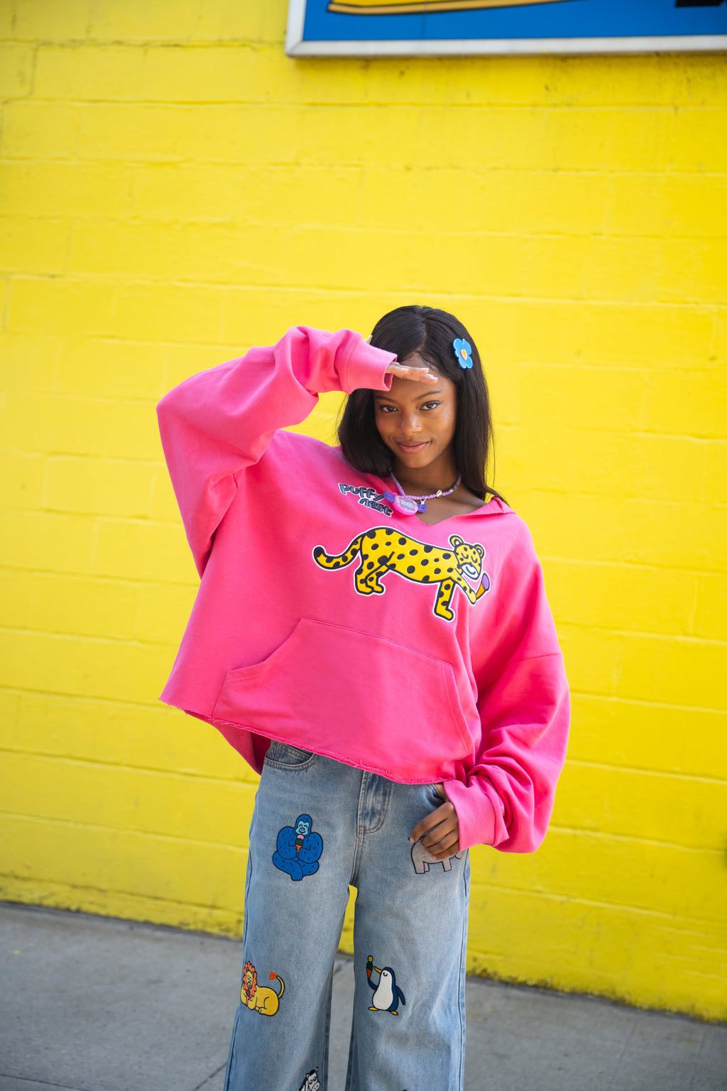 Pink Illustrated Embroidered Hoodie