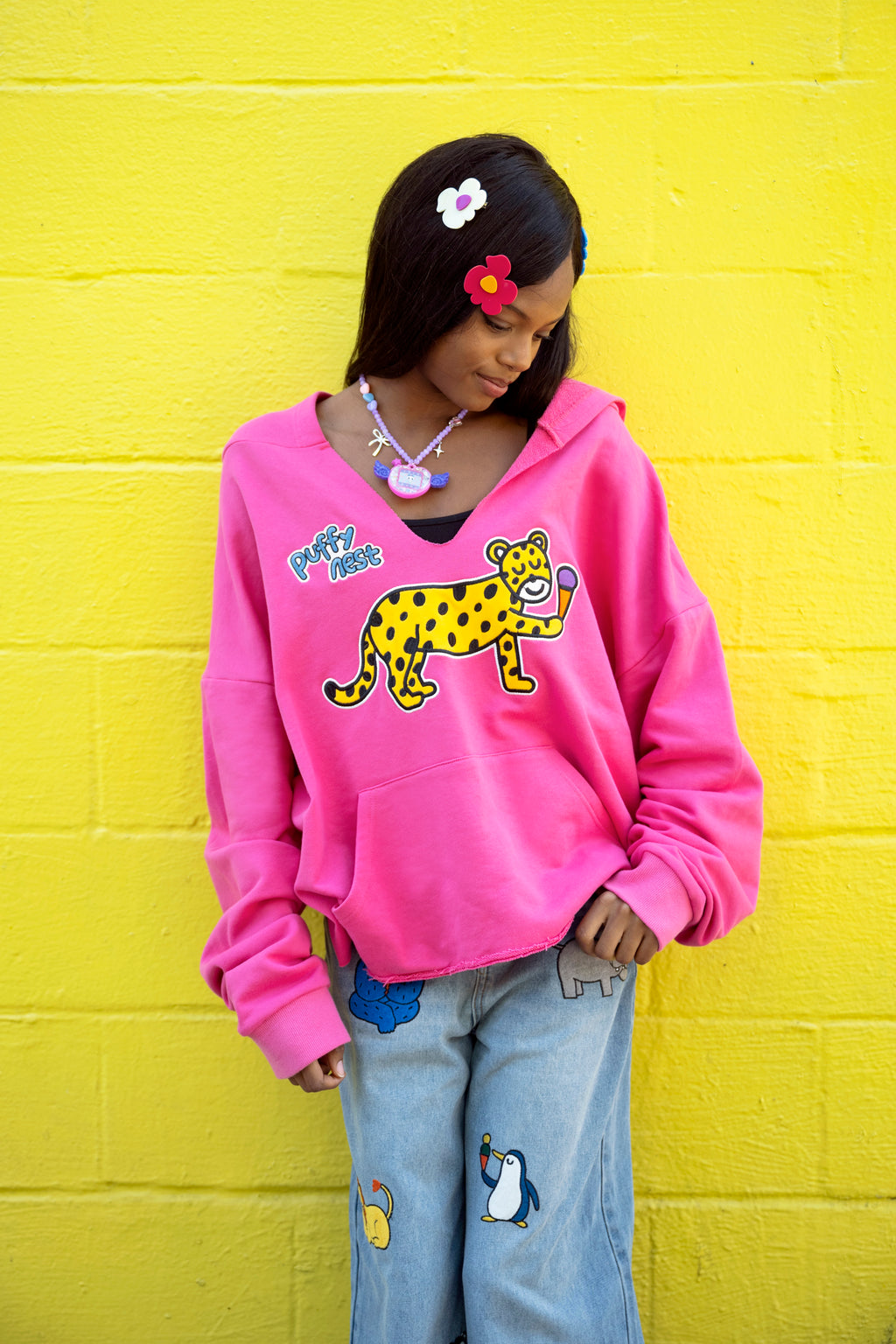 Pink Illustrated Embroidered Hoodie