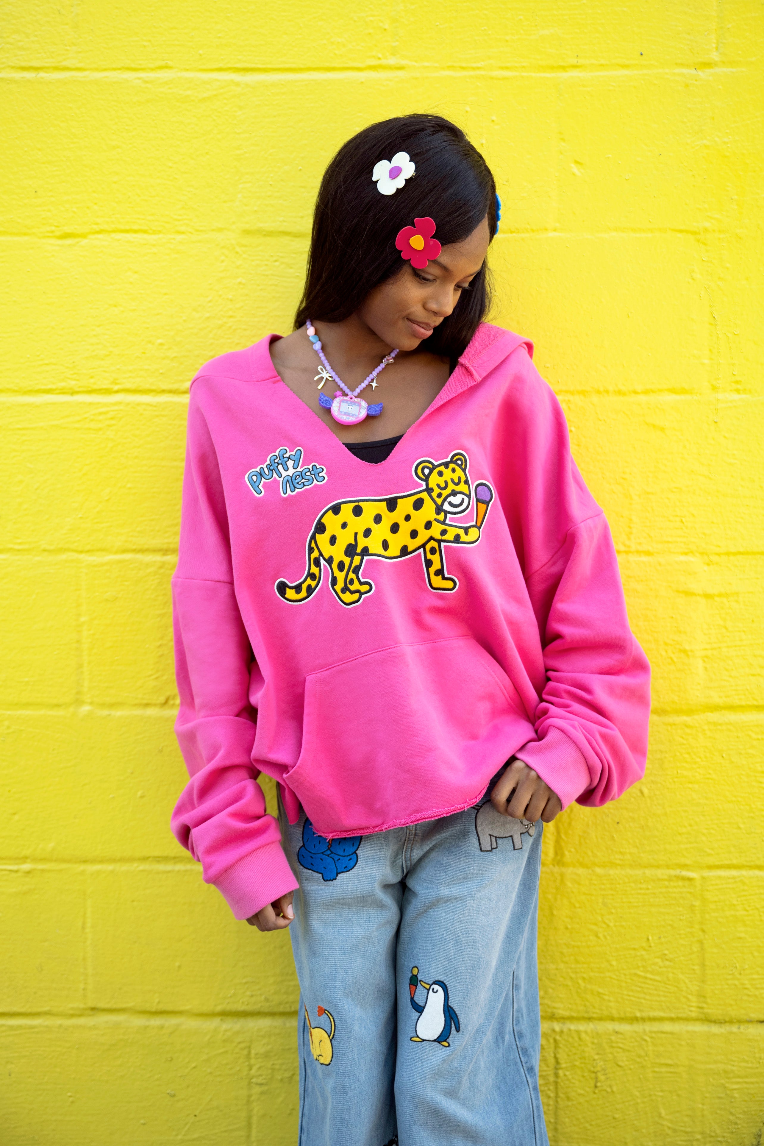 Pink Illustrated Embroidered Hoodie