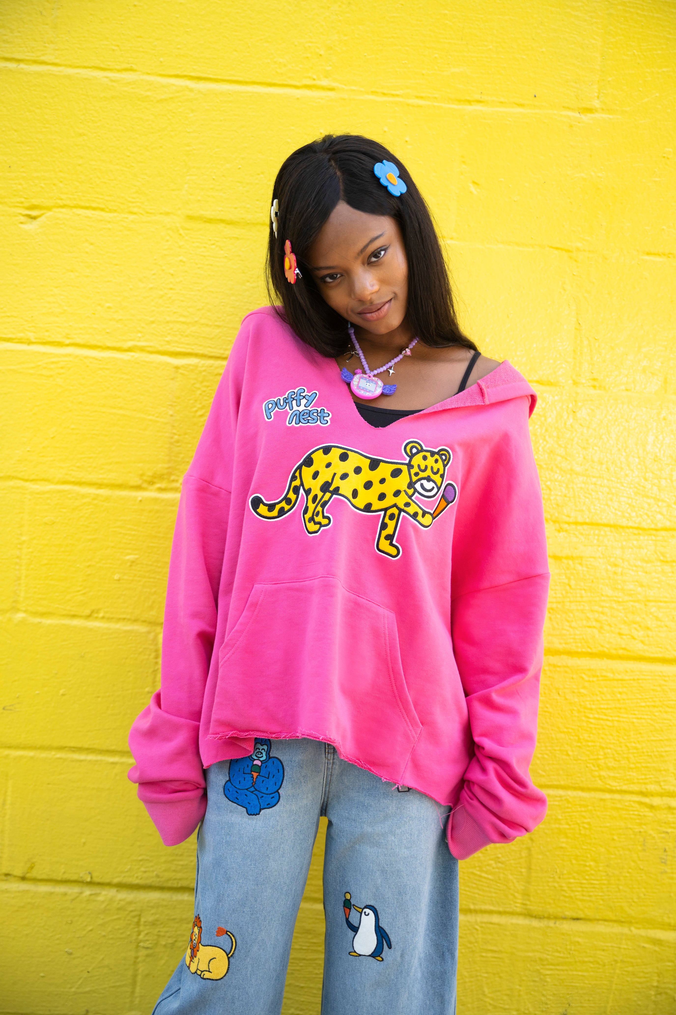 Pink Illustrated Embroidered Hoodie