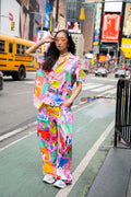 Colorful Graffiti Cotton Pajama Set - Pink