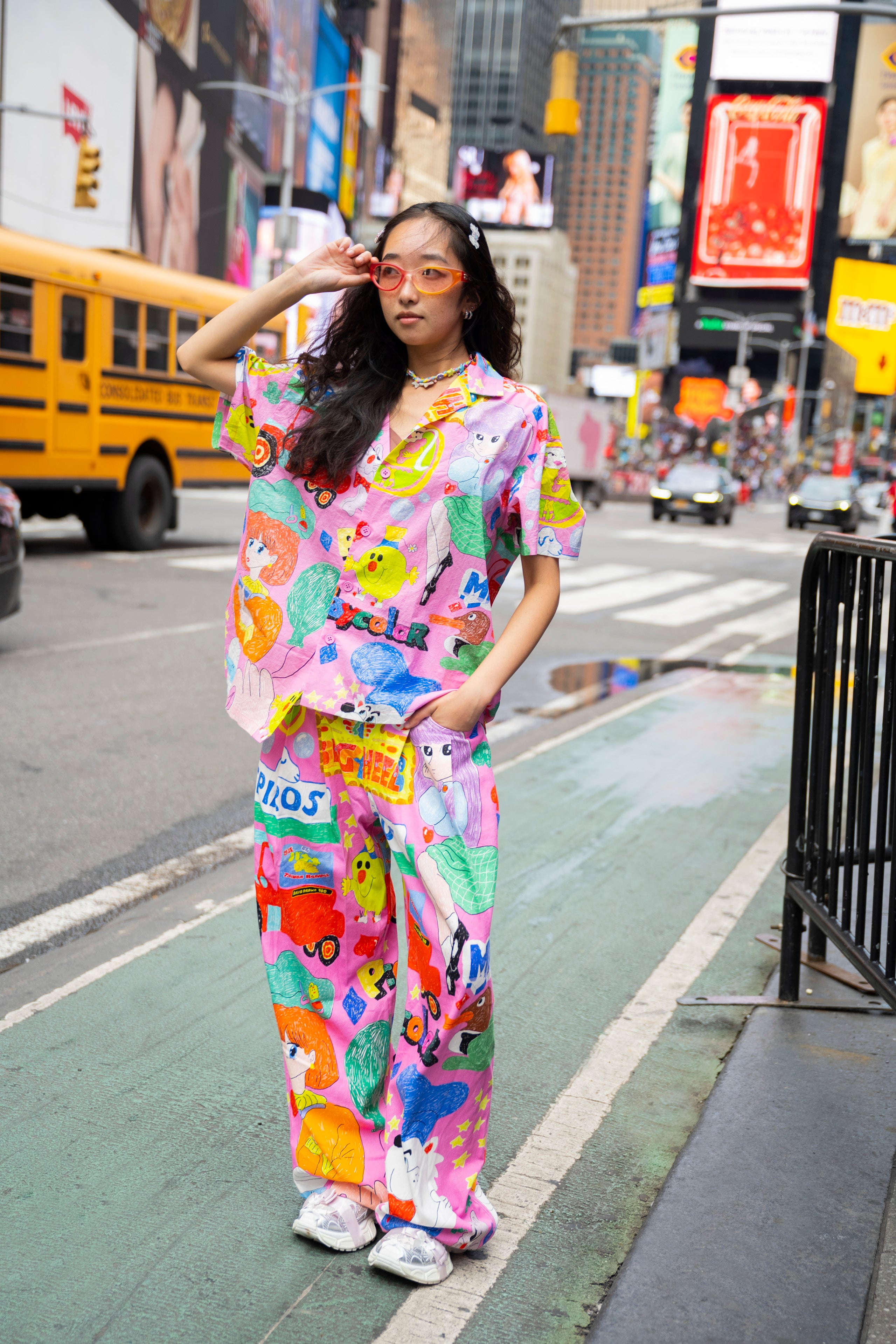 Colorful Graffiti Cotton Pajama Set - Pink