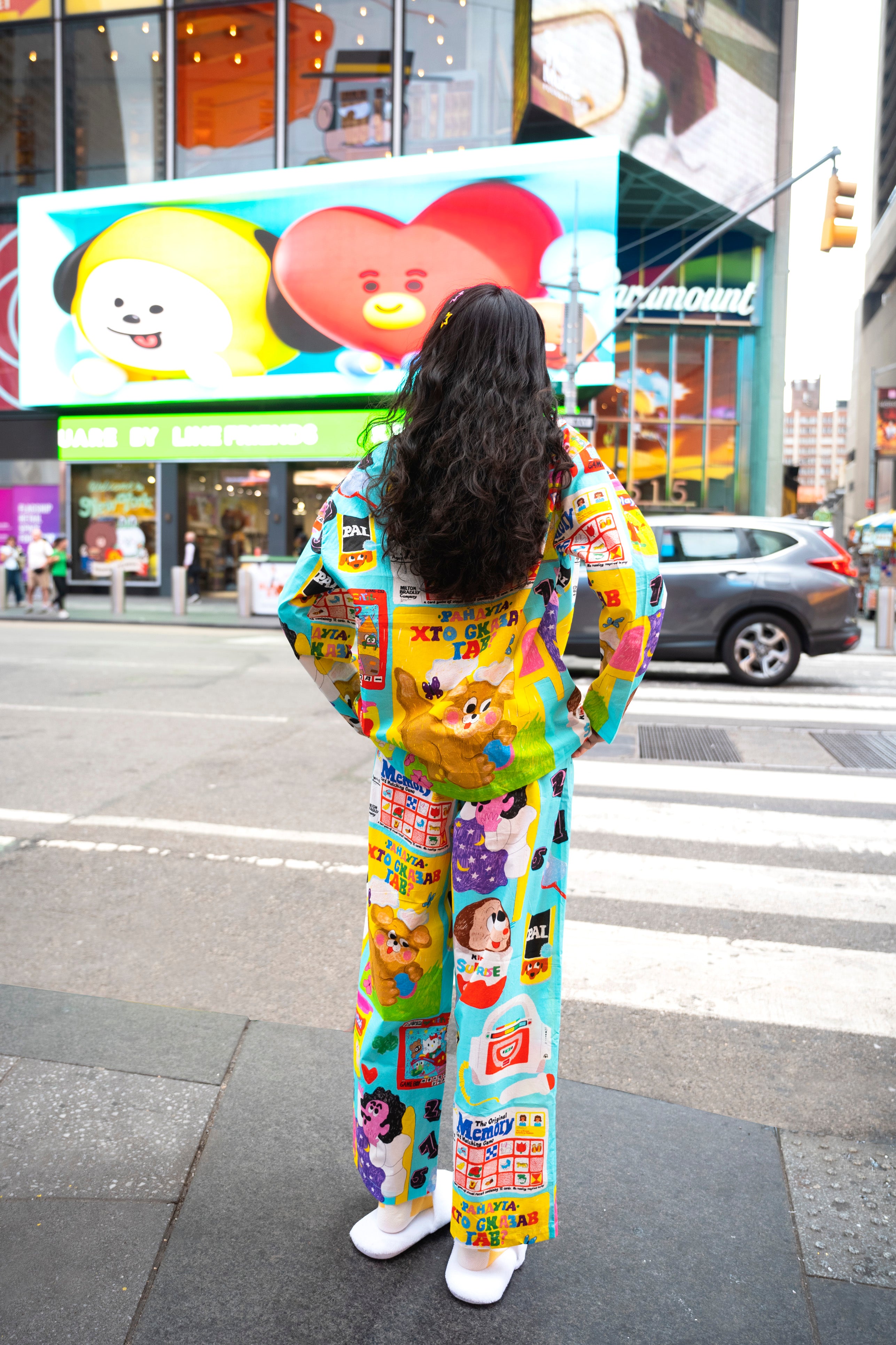Colorful Graffiti Cotton Pajama Set - Blue
