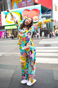 Colorful Graffiti Cotton Pajama Set - Blue
